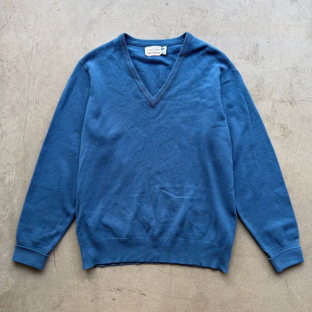 Vintage BALLANTYNE Scotland Mens M 40 100% Pure Cashmere Blue V-Neck Sweater